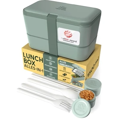 Abbildung von Umami Lunchbox Erwachsene, Verschachtelbar Auslaufsichere Bento Box mit 4 Bestecke &amp; Fächern, Brotdose Salatbehälter To Go, Lunch für Picknick/Büro, Korallenrosa, 1500 ml