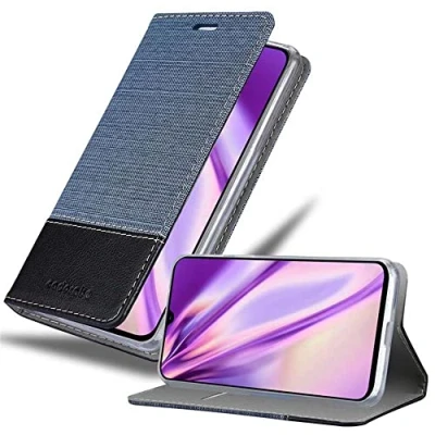 Abbildung von Cadorabo Hülle kompatibel mit Samsung Galaxy A70 / A70s aus Jeans und Kunst Leder Flip Klappbare Stoßfeste Magnetische [Standfunktion] [Kartenfächern] Cover für Tasche in Blau