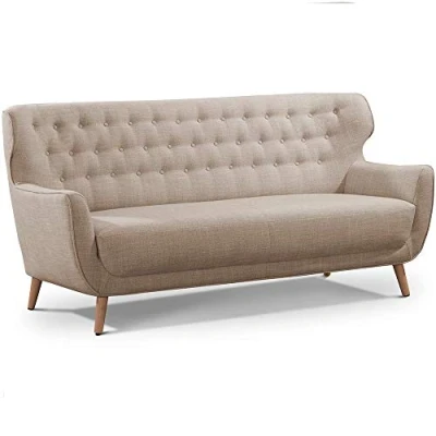 Abbildung von CAVADORE Dreisitzer Sofa Abby / Klassisches Polstersofa mit Knopfverzierung 183 x 89 88 Strukturstoff, beige