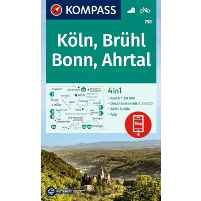 Abbildung von KOMPASS Wanderkarte 758 Köln, Brühl, Bonn, Ahrtal 1:50.000: 4in1 mit Aktiv Guide und Detailkarten inklusive Karte zur offline Verwendung in der App. Fahrradfahren.