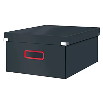Abbildung von Leitz Click &amp; Store Große Aufbewahrungsbox, Faltbare A3 Aktenbox mit Deckel, Stabiler Premium Kartonbehälter für die Ablage von Unterlagen, Zuhause/Büro, Cosy Serie, Samtgrau, 53490089
