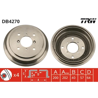 Abbildung von TRW DB4270 Bremstrommel SUZUKI: SWIFT 2 Schragheck, SUBARU: JUSTY