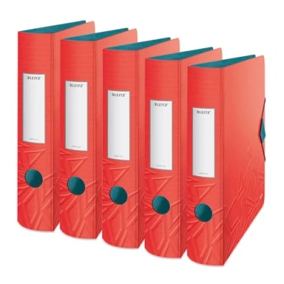 Abbildung von Leitz Qualitäts Ordner 180 Active, 5er Pack, A4, Schmal, Abgerundeter Rücken, 6,5 cm breit, Gummibandverschluss, Leichtes Polyfoam, Plastik Ordner, Urban Chic Serie, Rot, 11170020