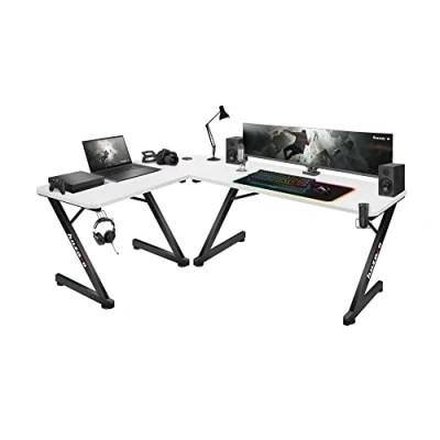 Abbildung von huzaro Hero 7.0 L förmiger Eckschreibtisch Gamingtisch Schreibtisch Bürotisch Homeoffice Arbeitszimmer Büro Rechts Links Montage Aluminium Konstruktion Carbon Tischplatte 154 x 117 Weiß