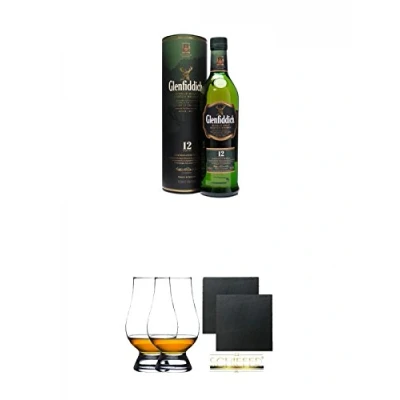 Abbildung von Glenfiddich 12 Jahre Single Malt Whisky 0,7 Liter + The Glencairn Glass Glas Stölzle 2 Stück Schiefer Glasuntersetzer eckig ca. 9,5 cm Ø
