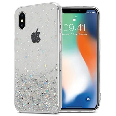 Abbildung von Cadorabo Hülle kompatibel mit Apple iPhone X/XS Rundumschutz TPU Silikon Case Mädchen Glitzer Strass Design Slim Kratzfest Weiche Gummi Bling Schutzhülle für in Transparent