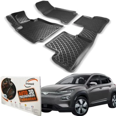 Abbildung von Trimak Passgenau 3D Fussmatten Auto Kompatibel mit Hyundai Kona Elektro 1. Gen 2017 2023 Zubehör und 2. Reihe Gummimatten Autos TPE Allwetter Geruchlos rutschfest Vorne Hinten Schwarz