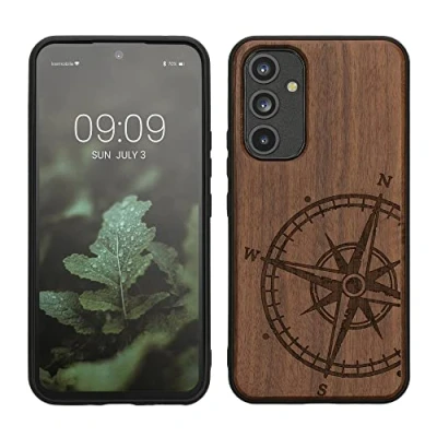 Abbildung von kwmobile Hülle kompatibel mit Samsung Galaxy A54 5G Holz Case Handy Cover TPU Handyhülle in Dunkelbraun Kompass Vintage