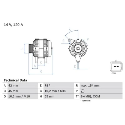 Abbildung von BOSCH 0 986 083 840 Lichtmaschine 14V 120A PEUGEOT: 207 Schrägheck, 308 I 407 SW, CITROËN: C5 III Kombi, 3, C3 II