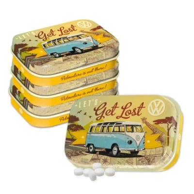 Abbildung von Nostalgic Art Retro Pillendose, 4 x 6 1,6 cm, VW Bulli Let&#039;s Get Lost (4er Set), mit Pfefferminz Dragees, Vintage Design
