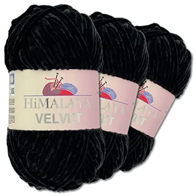 Abbildung von Wohnkult Himalaya 3 x 100 g Velvet Dolphin Wolle 40 Farben zur Auswahl Chenille Strickgarn Flauschwolle Glanz Accessoire Kleidung Decken (90011 Schwarz)