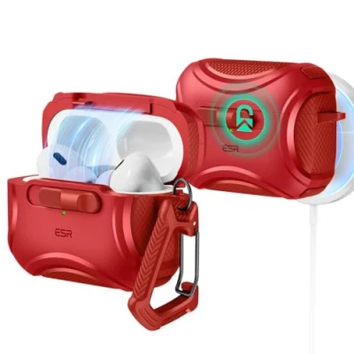 Abbildung von ESR für AirPods Pro 2 Hülle, kompatibel mit 2./1. Generation (2023/2022/2019), USB C/Lightning Kabel, MagSafe bereit, sicherer Verschluss, einfaches Öffnen, Cyber Serie, Rot
