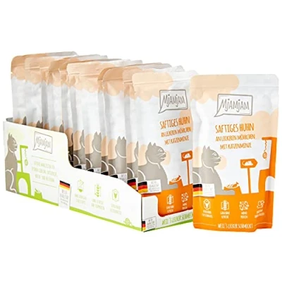 Abbildung von MjAMjAM Premium Nassfutter für Katzen Quetschie saftiges Huhn an leckeren Möhrchen, 12er Pack (12 x 125 g), getreidefrei mit extra viel Fleisch
