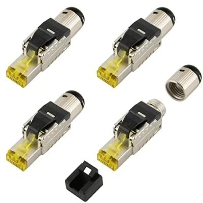 Abbildung von SeKi 4x Werkzeugfreier RJ45 Netzwerkstecker CAT 8.1 im Metallgehäuse passend für Verlegekabel und Patchkabel; Feldkonfektionierbar LAN Stecker Netzwerkkabel kompatibel mit CAT5, CAT7, CAT6a, DSL