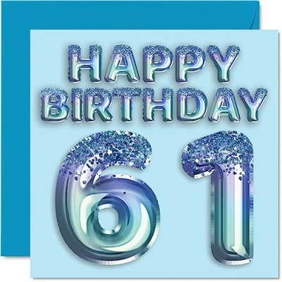 Abbildung von Stuff4 Geburtstagskarte zum 61. Geburtstag für Männer Blauer Glitzer Partyballon Happy Birthday Karten 61 Jahre alten Mann, Onkel, Großvater, Vater, Opa Oma, 145 mm x mm,