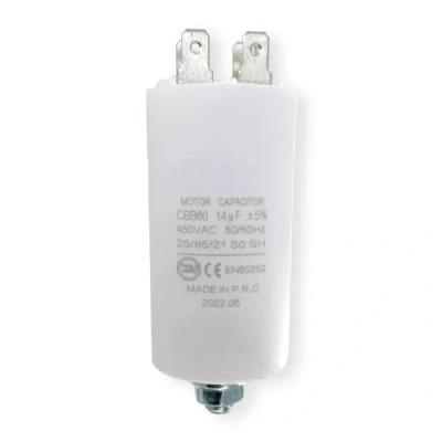 Abbildung von DEKAROX Universal Kondensator 14µF 450V Ø35x65mm mit 6.3mm AMP Steckfahnen Befestigungsschraube M8 CBB60 Motorstart und Laufkondensator für elektrische Haushaltsgeräte