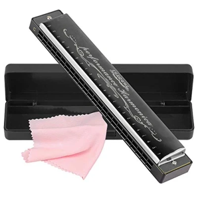 Abbildung von Mundharmonika Professionelle C Dur Blues Harmonica Diatonische 24 Loch mit Fall für Folk Jazz Pop Erwachsene Kind Kinder Student Anfänger Geschenk Schwarz