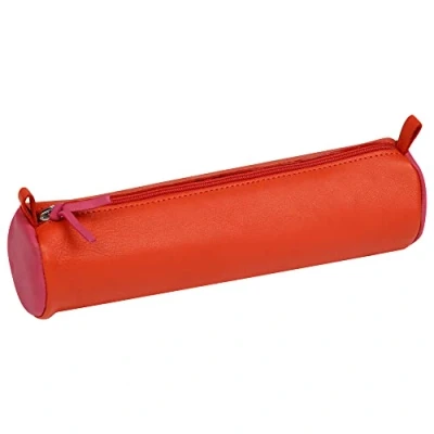 Abbildung von Clairefontaine 8392C Schlampermäppchen (aus echtem Leder, zweifarbig, Ø5,5 x 21cm) 1 Stück orange/fuchsia