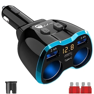 Abbildung von 5 in 1 Auto Ladegerät: Zigarettenanzünder Verteiler Adapter Splitter 12V USB C KFZ Stecker 2 Fach Steckdose 12 Volt DC 80W mit LED Voltmeter Schalter Dual für Handy GPS Dash Kamera Sitzheizung
