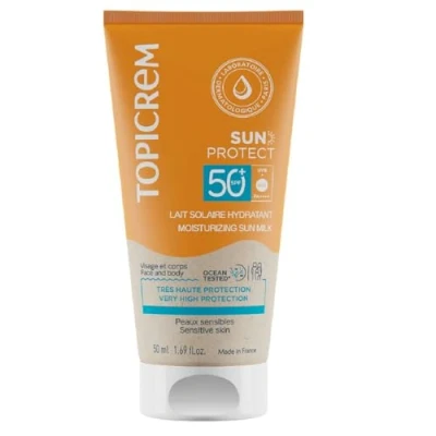 Abbildung von Topicrem Sun Protect, feuchtigkeitsspendende Sonnenmilch für Gesicht und Körper, LSF 50+ Sonnencreme, sehr hoher Schutz, spendet 24 Stunden Feuchtigkeit Pflege empfindliche Haut, ab 3 Jahren