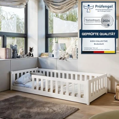 Abbildung von Kids Collective Kinderbett Bodenbett Bett mit Rausfallschutz &amp; Lattenrost Montessori Kinder (weitere Größen 80x160, 90x200, 120x200, 140x200 cm), Jugendbett Einzelbett Matratze, weiß Kiefer 80 x 180 cm