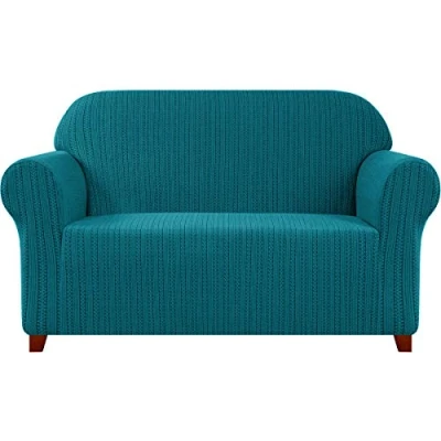 Abbildung von subrtex 1 teiliger gestreifter Jacquard Sofa Schonbezug, Spandex, Stretch, Couch Sofabezug, waschbarer Möbelschutz für Wohnzimmer (3 Sitzer, blau)