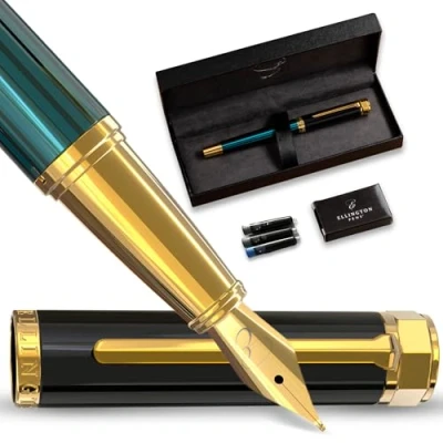 Abbildung von Ellington Pens Luxus Füllfederhalter Set glatte, Spitze inklusive nachfüllbarem Tintenkonverter, 3 Tintenpatronen [Schwarz und Blau], Geschenkbox elegante Kalligrafie