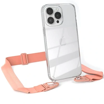 Abbildung von EAZY CASE Hülle mit Band kompatibel iPhone 14 Pro Max Handyhülle Umhängeband für Silikonhülle Transparent Schutzhülle Handykette zum Umhängen Handykordel in Rosa Coral