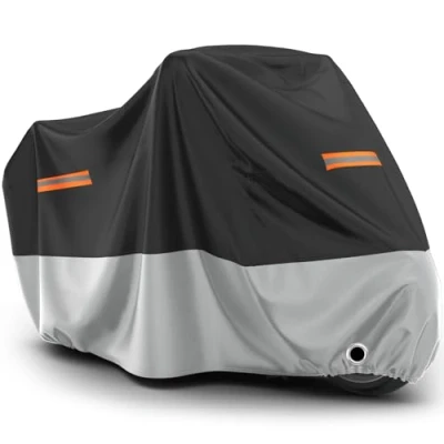 Abbildung von Favoto Motorrad Abdeckplane Outdoor Motorradabdeckung Wasserdicht Staubdicht UV Schutz mit Schlossloch Winddichte Schnalle Oxfordstoff XXL Schwarz Silber 245cmx105cmx125cm