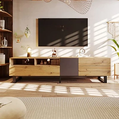 Abbildung von BTM Moderner Colorblocking TV Schrank, TTV Ständer mit Holzmaserung 180X33X50cm (Braun)