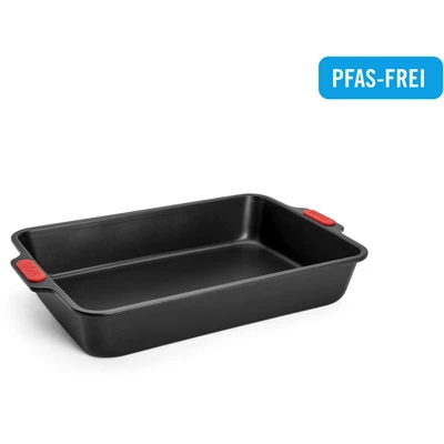 Abbildung von Woll Bakeware Backform rechteckig, 38 x 26 cm, mit hitzebeständigen Silikongriffen bis 230C, PFAS frei, zweilagige Antihaftbeschichtung, aluminisierter Stahl, schwarz