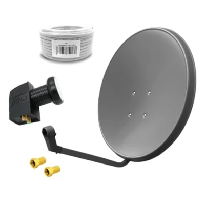 Abbildung von 60cm HD Sat Anlage Twin LNB + 15m Koaxialkabel 135dB 2 F Stecker Digital Teilnehmer Antenne grau UHD 4K