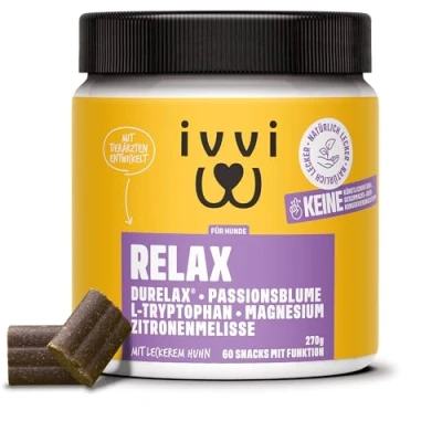 Abbildung von ivvi Relax Beruhigungsmittel für Hunde an Silvester mit L Tryptophan hilfreich zur Beruhigung bei Angst und Stress 60 leckere Snacks Huhn