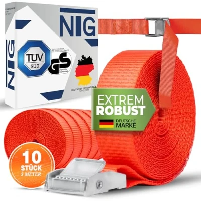 Abbildung von 10 x 250 kg daN 3m Spanngurte mit Klemmschloss 25mm Spannriemen Befestigungsriemen DIN EN 12195 2