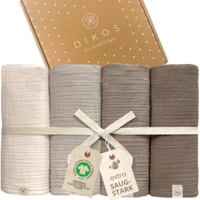 Abbildung von Babydecke Mulltücher 4er SET gekreppt, Spucktuch 64x64 100% GOTS BIO Baumwolle, DIKOS, PREMIUM Qualität atmungsaktiv, nachhaltig, plastikfrei, kuschelweich