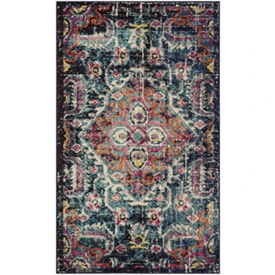 Abbildung von SAFAVIEH Boho Teppich für Wohnzimmer, Esszimmer, Schlafzimmer Monaco Collection, Kurzer Flor, Blau und Fuchsia, 91 X 152 cm