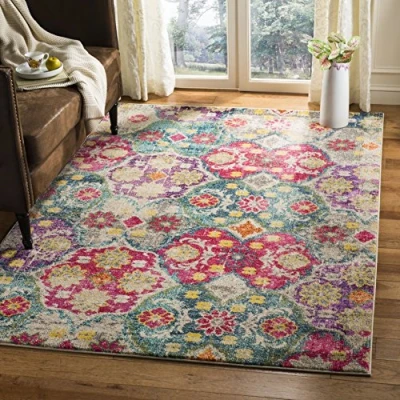 Abbildung von SAFAVIEH Boho Teppich für Wohnzimmer, Esszimmer, Schlafzimmer Monaco Collection, Kurzer Flor, Grau und Fuchsia, 122 X 170 cm