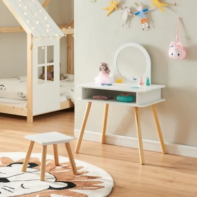 Abbildung von [en.casa] Schminktisch Kinder Ovanåker Kinderschminktisch mit Hocker Frisiertisch Spiegel Frisierkommode Ablagefach Kosmetiktisch Weiß/Natur