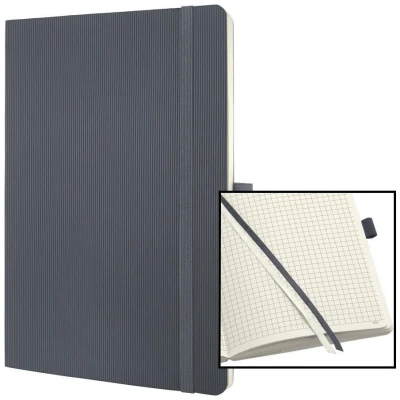 Abbildung von SIGEL CO328 Premium Notizbuch kariert, A5, Softcover, 194 nummerierte Seiten, grau, nachhaltiges Papier, mit Inhaltsverzeichnis, Stiftschlaufe, Falttasche, Gummibandverschluss, Conceptum