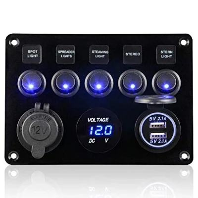 Abbildung von 5 Gang Schalter Panel, 12V/24V Kippschalter Panel IP65 Wasserdichte LED Voltmeter Dual USB Buchse Ladegerät für Auto Boot Marine RV Truck Camper Fahrzeuge (Blau)