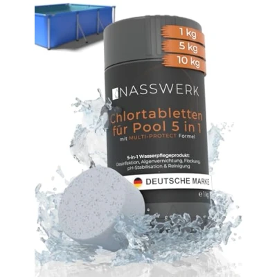 Abbildung von NASSWERK® Multitabs Pool 5 in 1 (1kg) 200g Pooltabs mit Chlor, Algizid, pH Stabilisator, Flockungsmittel &amp; Reiniger Langzeit Chlortabletten für sauberes Poolwasser