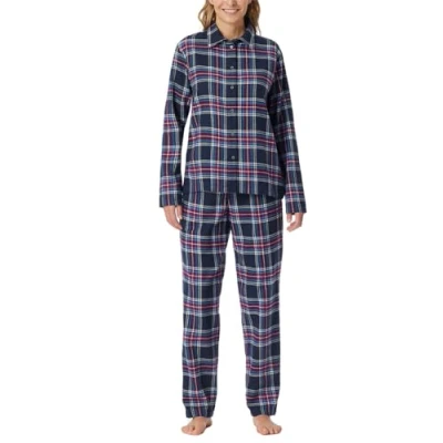 Abbildung von Schiesser Damen Schlafanzug lang mit Knopfleiste weiche Baumwolle Webware X Mas Gifting Sets Pyjamaset, Nachtblau_182122, 44