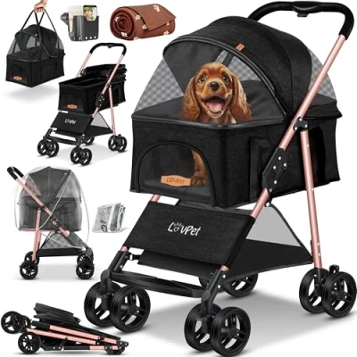 Abbildung von LOVPET® Hundewagen 2in1 Hundebuggy Hundebox Transporttasche Faltbar klappbar bis 20kg Haustiere Buggy mit Netzfenstern Getränkehalter, Regenschutzabdeckung &amp; Kuscheldecke Jogger für
