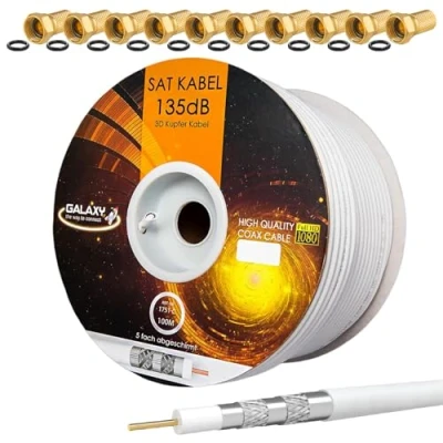 Abbildung von HB DIGITAL 135dB 100m Koaxial SAT Kabel Reines KU Kupfer Koax Antennenkabel 5 fach geschirmt für DVB S / S2 C und T BK Anlagen + 10 vergoldete F Stecker mit Gummiring SET Gratis