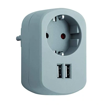 Abbildung von SIMON Combi Adapter, Reiseadapter mit 16 A Schuko Buchse und 2 USB Buchsen, Wandladestromadapter, Stecker, Aschgrau