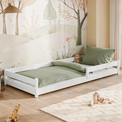 Abbildung von Kids Collective Kinderbett Bodenbett 80x160 cm mit Rausfallschutz &amp; Lattenrost Montessori Bett Bed Gitterbett Kinder Jugendbett Einzelbett optional Matratze weiß