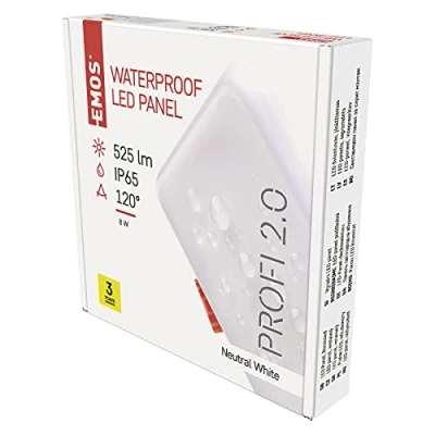 Abbildung von EMOS LED Panel Einbauleuchte 8W, extra flacher 525 lm quadratischer Einbaustrahler, Neutralweiß 4000K, IP65 wasserdicht für Feuchträume oder Außen, Farbe weiß, 10 x cm, rahmenlos, ZV2122