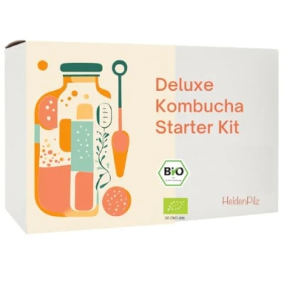 Abbildung von HeldenPilz® Organic Kombucha Scoby WACHSTUMSSTARKER TEEPILZ Skoby + Ansatzflüssigkeit Geschenk Herstellung bis 6 Liter 100% natürliche Zutaten Bio nachhaltig und plastikfrei verpackt