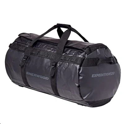 Abbildung von SHER Wood Reisetasche Expedition, Sporttasche mit 87 l Volumen, Tasche Rucksackfunktion, Travelbag wasserdicht, Duffel Bag schwarz