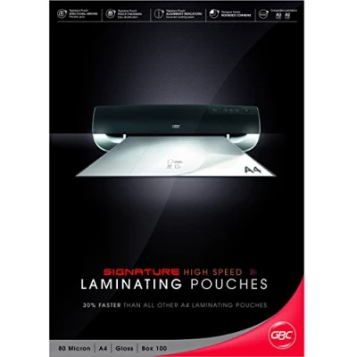 Abbildung von GBC HighSpeed Laminierfolien A4 80 mic, Für bis zu 30 % schnelleres Laminieren, Robuste Laminiertaschen im 100er Pack, Glänzend, Transparent, IB049033